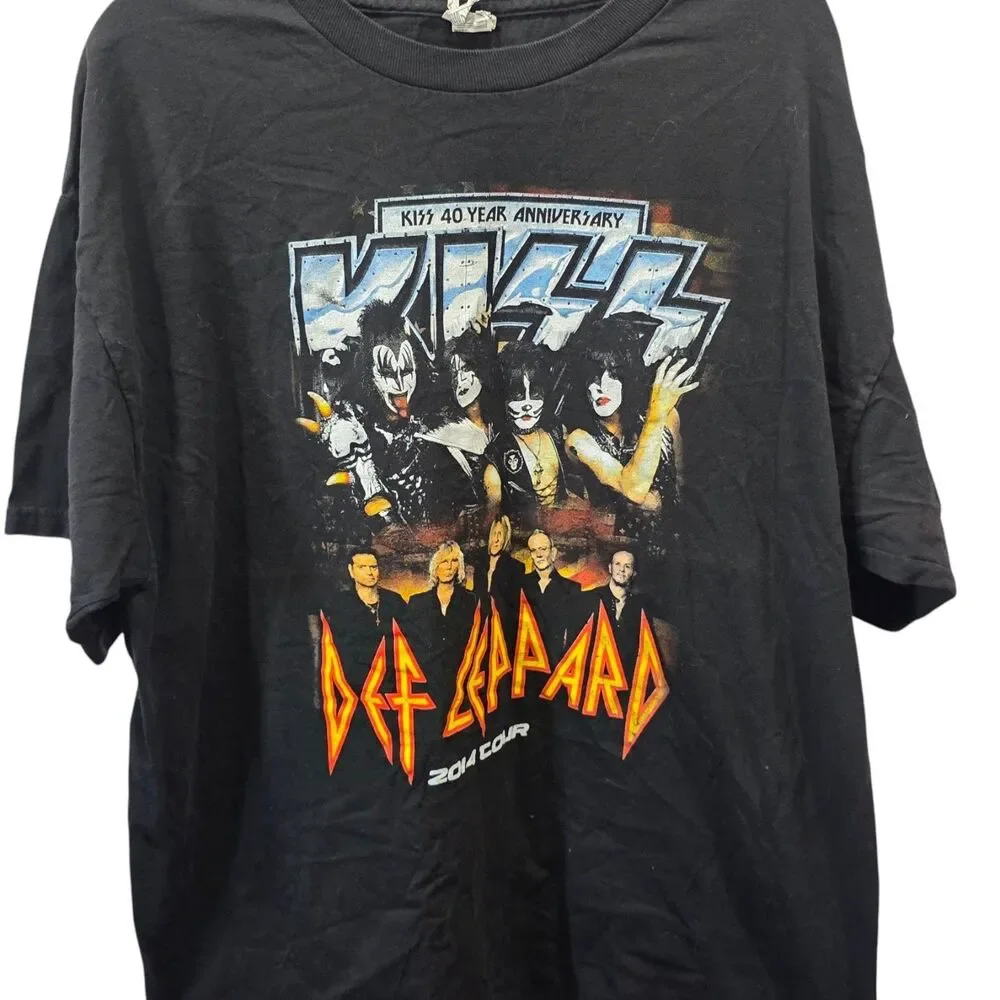 KISS Def Leppard 2014 Tour Band‎ Tee Black Graphic Rock T Shirt Oversize